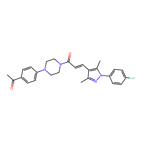(E)-1-(4-(4-Acetylphenyl)piperazin-1-yl)-3-(1-(4-fluorophenyl)-3,5-dimethyl-1H-pyrazol-4-yl)prop-2-en-1-one structure