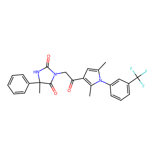 3-[2-[2,5-Dimethyl-1-[3-(trifluoromethyl)phenyl]-1H-pyrrol-3-yl]-2-oxoethyl]-5-methyl-5-phenyl-2,4-imidazolidinedione structure