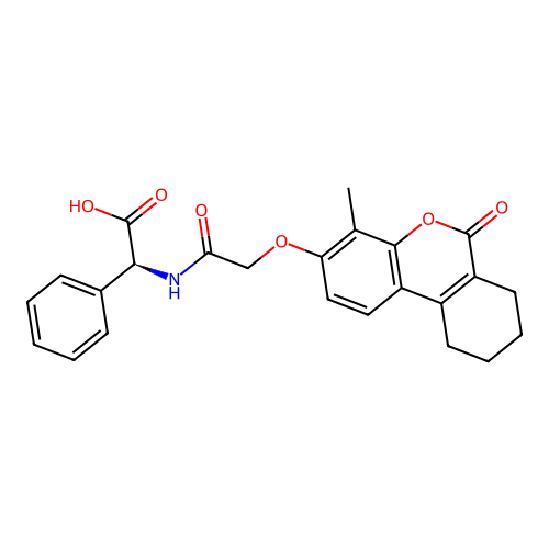 (S)-2-(2-((4-methyl-6-oxo-7,8,9,10-tetrahydro-6H-benzo[c]chromen-3-yl)oxy)acetamido)-2-phenylacetic acid structure