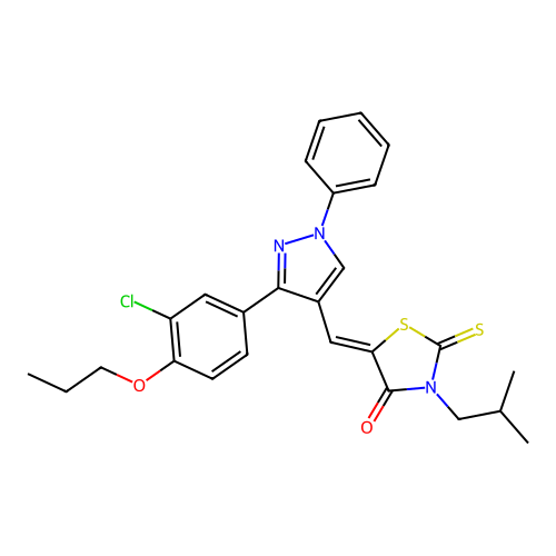 (5Z)-5-{[3-(3-chloro-4-propoxyphenyl)-1-phenyl-1H-pyrazol-4-yl]methylidene}-3-(2-methylpropyl)-2-thioxo-1,3-thiazolidin-4-one structure