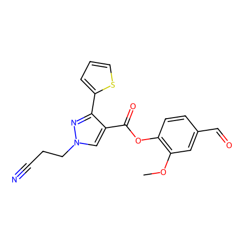 4-formyl-2-methoxyphenyl 1-(2-cyanoethyl)-3-(thiophen-2-yl)-1H-pyrazole-4-carboxylate structure