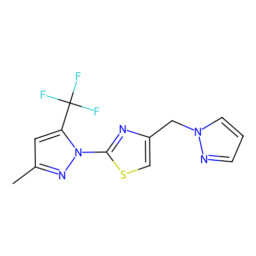 2-[3-Methyl-5-(trifluoromethyl)pyrazol-1-yl]-4-(pyrazol-1-ylmethyl)-1,3-thiazole structure