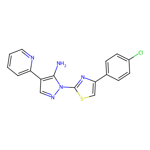 1-[4-(4-chlorophenyl)-1,3-thiazol-2-yl]-4-(2-pyridinyl)-1H-pyrazol-5-amine structure