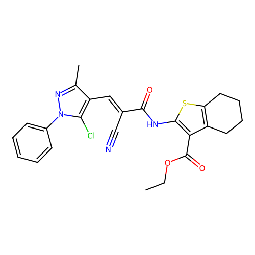 (E)-ethyl 2-(3-(5-chloro-3-methyl-1-phenyl-1H-pyrazol-4-yl)-2-cyanoacrylamido)-4,5,6,7-tetrahydrobenzo[b]thiophene-3-carboxylate structure