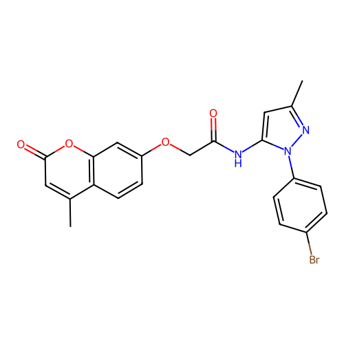 N-(1-(4-bromophenyl)-3-methyl-1H-pyrazol-5-yl)-2-((4-methyl-2-oxo-2H-chromen-7-yl)oxy)acetamide structure