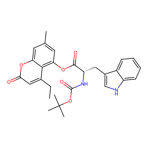 (S)-4-ethyl-7-methyl-2-oxo-2H-chromen-5-yl 2-((tert-butoxycarbonyl)amino)-3-(1H-indol-3-yl)propanoate structure