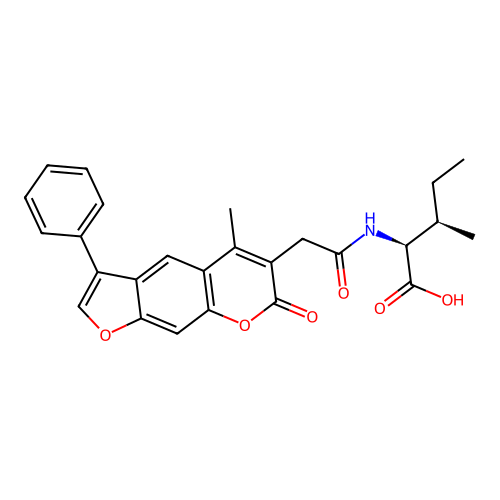 N-[(5-methyl-7-oxo-3-phenyl-7H-furo[3,2-g]chromen-6-yl)acetyl]-L-isoleucine structure