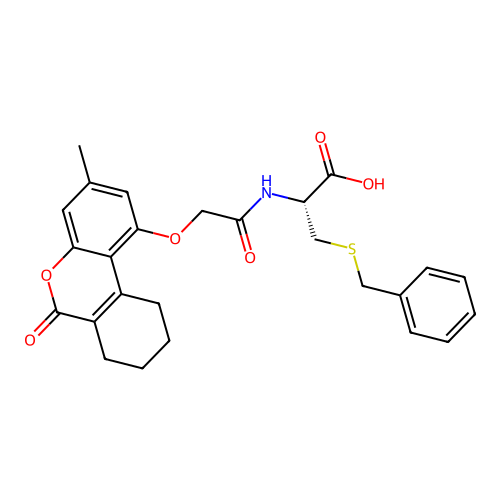 (R)-3-(benzylthio)-2-(2-((3-methyl-6-oxo-7,8,9,10-tetrahydro-6H-benzo[c]chromen-1-yl)oxy)acetamido)propanoic acid structure