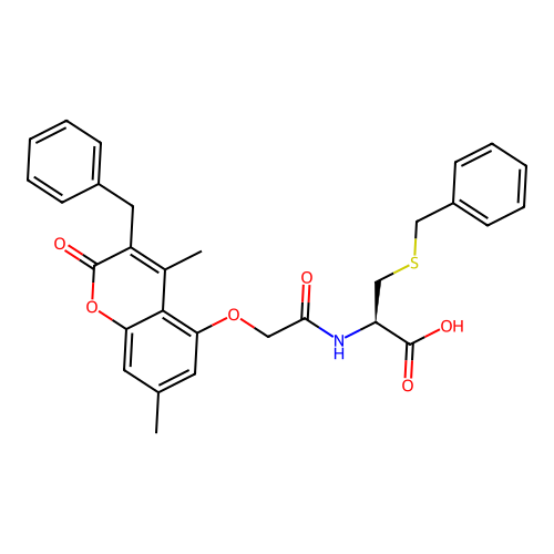 (R)-2-(2-((3-benzyl-4,7-dimethyl-2-oxo-2H-chromen-5-yl)oxy)acetamido)-3-(benzylthio)propanoic acid structure