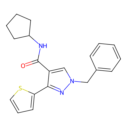 1-benzyl-N-cyclopentyl-3-(thiophen-2-yl)-1H-pyrazole-4-carboxamide structure