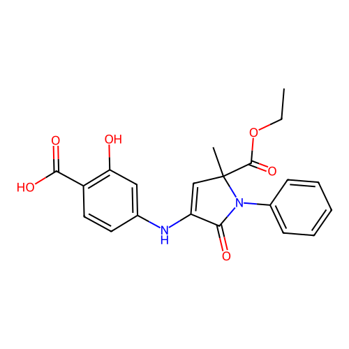 4-{[5-(ethoxycarbonyl)-5-methyl-2-oxo-1-phenyl-2,5-dihydro-1H-pyrrol-3-yl]amino}-2-hydroxybenzoic acid structure