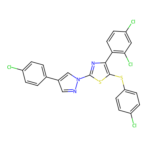 2-[4-(4-chlorophenyl)-1H-pyrazol-1-yl]-5-[(4-chlorophenyl)sulfanyl]-4-(2,4-dichlorophenyl)-1,3-thiazole structure