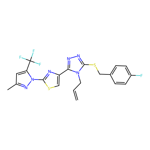 4-[5-[(4-fluorophenyl)methylsulfanyl]-4-prop-2-enyl-1,2,4-triazol-3-yl]-2-[3-methyl-5-(trifluoromethyl)pyrazol-1-yl]-1,3-thiazole structure