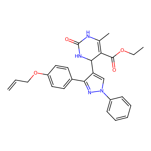 ethyl 6-methyl-2-oxo-4-{1-phenyl-3-[4-(prop-2-en-1-yloxy)phenyl]-1H-pyrazol-4-yl}-1,2,3,4-tetrahydropyrimidine-5-carboxylate structure
