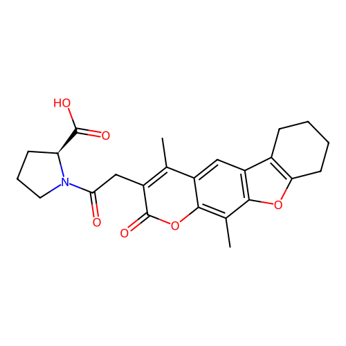 (S)-1-(2-(4,11-dimethyl-2-oxo-6,7,8,9-tetrahydro-2H-benzofuro[3,2-g]chromen-3-yl)acetyl)pyrrolidine-2-carboxylic acid structure