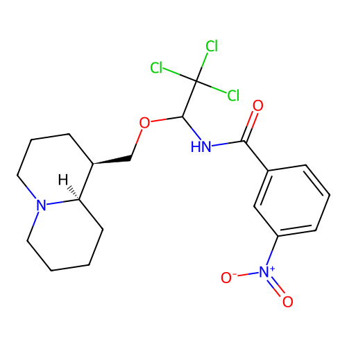 3-nitro-N-(2,2,2-trichloro-1-(((1R,9aR)-octahydro-1H-quinolizin-1-yl)methoxy)ethyl)benzamide structure