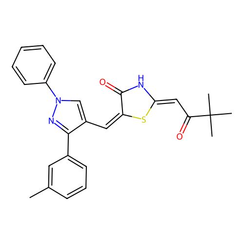 (2Z,5Z)-2-(3,3-Dimethyl-2-oxobutylidene)-5-((1-phenyl-3-(m-tolyl)-1H-pyrazol-4-yl)methylene)thiazolidin-4-one structure