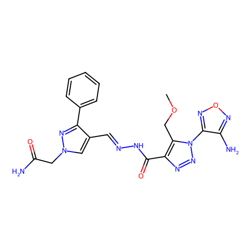 (E)-2-(4-((2-(1-(4-amino-1,2,5-oxadiazol-3-yl)-5-(methoxymethyl)-1H-1,2,3-triazole-4-carbonyl)hydrazono)methyl)-3-phenyl-1H-pyrazol-1-yl)acetamide structure
