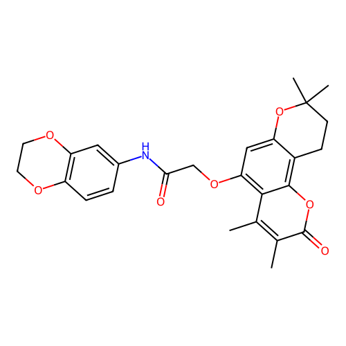 N-(2,3-dihydro-1,4-benzodioxin-6-yl)-2-[(3,4,8,8-tetramethyl-2-oxo-9,10-dihydro-2H,8H-pyrano[2,3-f]chromen-5-yl)oxy]acetamide structure