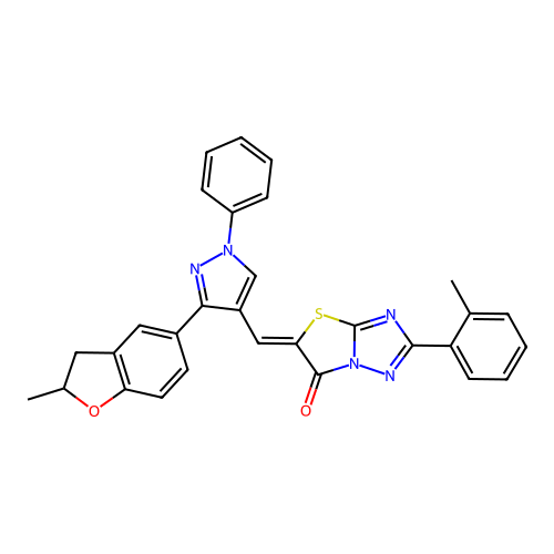 (5Z)-5-{[3-(2-methyl-2,3-dihydro-1-benzofuran-5-yl)-1-phenyl-1H-pyrazol-4-yl]methylene}-2-(2-methylphenyl)[1,3]thiazolo[3,2-b][1,2,4]triazol-6(5H)-one structure