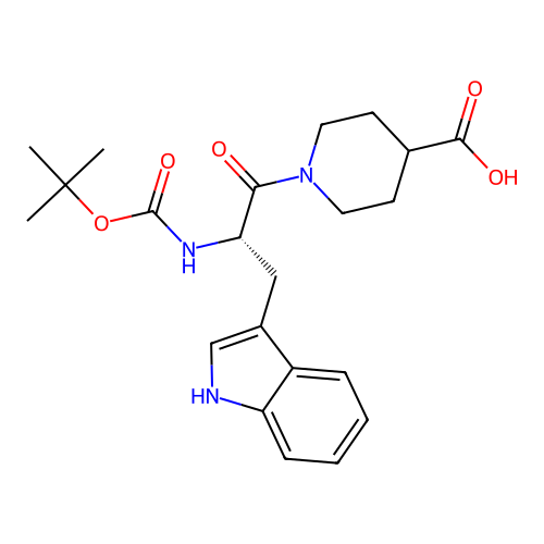 1-[(2S)-2-(tert-butoxycarbonylamino)-3-(1H-indol-3-yl)propanoyl]piperidine-4-carboxylic acid structure