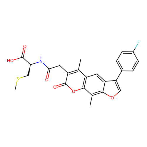 (2R)-2-[[2-[3-(4-fluorophenyl)-5,9-dimethyl-7-oxofuro[3,2-g]chromen-6-yl]acetyl]amino]-3-methylsulfanylpropanoic acid structure