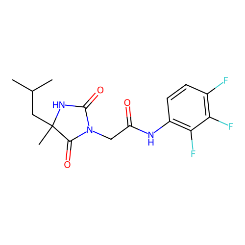 2-[4-methyl-4-(2-methylpropyl)-2,5-dioxoimidazolidin-1-yl]-N-(2,3,4-trifluorophenyl)acetamide structure