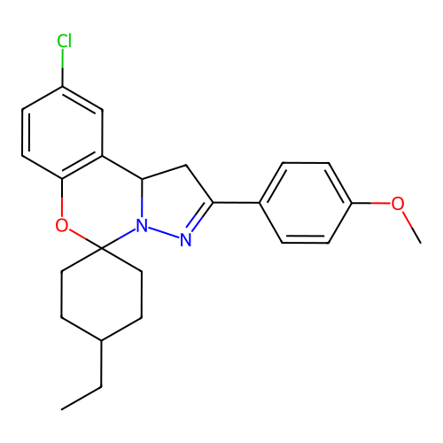 1-(2-chloro-14-ethylspiro[10aH-benzo[e]2-pyrazolino[1,5-c]1,3-oxazine-6,4'-cyc lohexane]-9-yl)-4-methoxybenzene structure