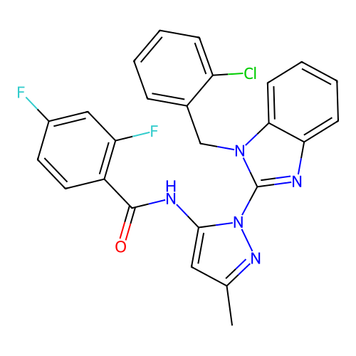 N-(1-(1-(2-chlorobenzyl)-1H-benzo[d]imidazol-2-yl)-3-methyl-1H-pyrazol-5-yl)-2,4-difluorobenzamide structure
