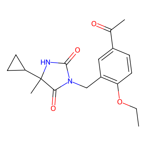 3-[(5-acetyl-2-ethoxyphenyl)methyl]-5-cyclopropyl-5-methylimidazolidine-2,4-dione structure