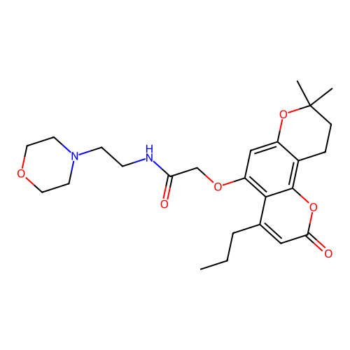 2-((8,8-dimethyl-2-oxo-4-propyl-2,8,9,10-tetrahydropyrano[2,3-f]chromen-5-yl)oxy)-N-(2-morpholinoethyl)acetamide structure