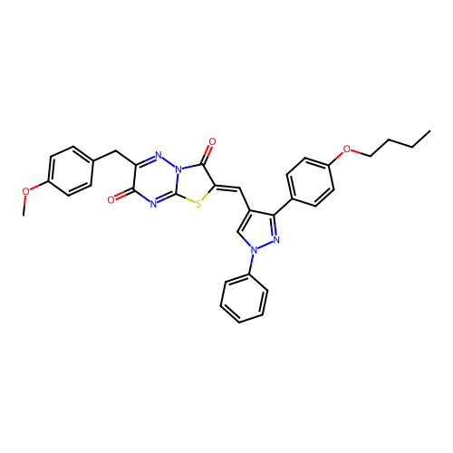(2Z)-2-{[3-(4-butoxyphenyl)-1-phenyl-1H-pyrazol-4-yl]methylidene}-6-(4-methoxybenzyl)-7H-[1,3]thiazolo[3,2-b][1,2,4]triazine-3,7(2H)-dione structure