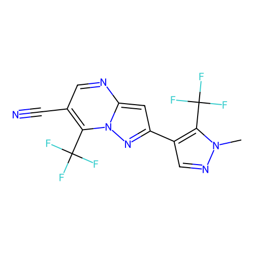 2-[1-methyl-5-(trifluoromethyl)-1H-pyrazol-4-yl]-7-(trifluoromethyl)pyrazolo[1,5-a]pyrimidine-6-carbonitrile structure