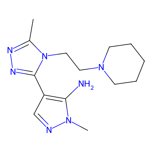 1-methyl-4-[5-methyl-4-(2-piperidinoethyl)-4H-1,2,4-triazol-3-yl]-1H-pyrazol-5-amine structure