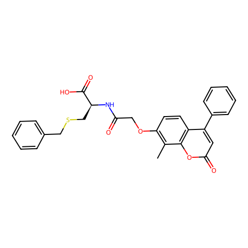 (R)-3-(benzylthio)-2-(2-((8-methyl-2-oxo-4-phenyl-2H-chromen-7-yl)oxy)acetamido)propanoic acid structure