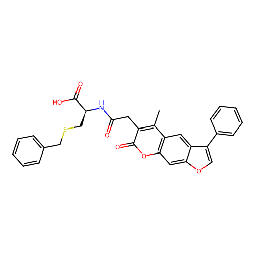 (R)-3-(benzylthio)-2-(2-(5-methyl-7-oxo-3-phenyl-7H-furo[3,2-g]chromen-6-yl)acetamido)propanoic acid structure