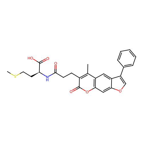 (S)-2-(3-(5-methyl-7-oxo-3-phenyl-7H-furo[3,2-g]chromen-6-yl)propanamido)-4-(methylthio)butanoic acid structure