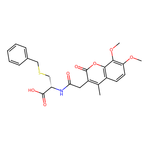 (R)-3-(benzylthio)-2-(2-(7,8-dimethoxy-4-methyl-2-oxo-2H-chromen-3-yl)acetamido)propanoic acid structure
