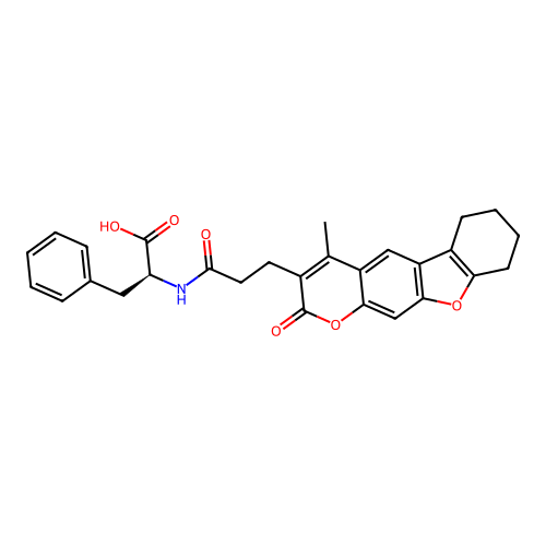 (S)-2-(3-(4-methyl-2-oxo-6,7,8,9-tetrahydro-2H-benzofuro[3,2-g]chromen-3-yl)propanamido)-3-phenylpropanoic acid structure