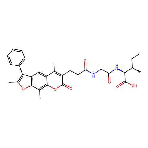 (2S,3R)-3-methyl-2-(2-(3-(2,5,9-trimethyl-7-oxo-3-phenyl-7H-furo[3,2-g]chromen-6-yl)propanamido)acetamido)pentanoic acid structure