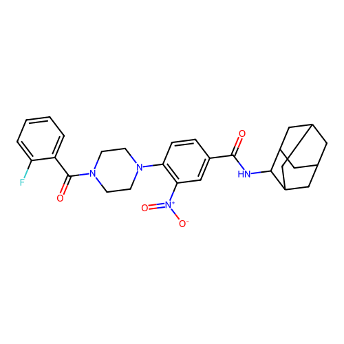 N-(2-adamantyl)-4-[4-(2-fluorobenzoyl)piperazin-1-yl]-3-nitrobenzamide structure
