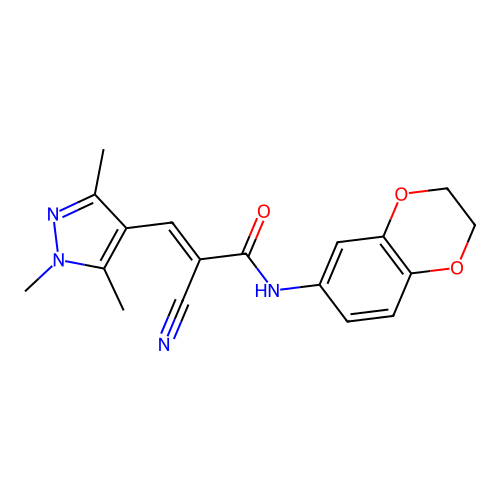(E)-2-cyano-N-(2,3-dihydro-1,4-benzodioxin-6-yl)-3-(1,3,5-trimethylpyrazol-4-yl)prop-2-enamide structure