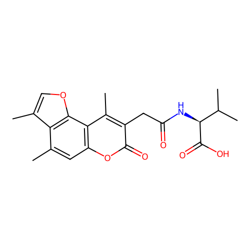 N-[(3,4,9-trimethyl-7-oxo-7H-furo[2,3-f]chromen-8-yl)acetyl]-L-valine structure
