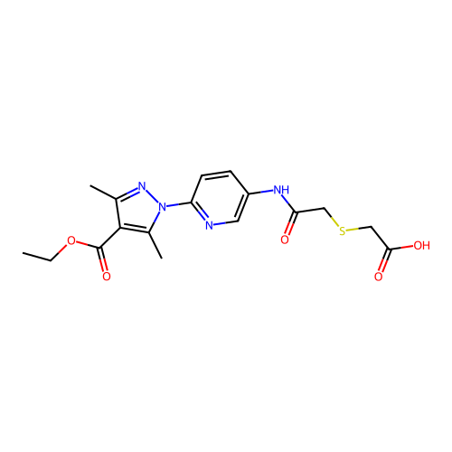 2-{[2-({6-[4-(ethoxycarbonyl)-3,5-dimethyl-1H-pyrazol-1-yl]-3-pyridinyl}amino)-2-oxoethyl]sulfanyl}acetic acid structure