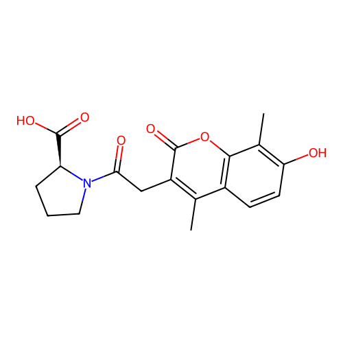 (S)-1-(2-(7-hydroxy-4,8-dimethyl-2-oxo-2H-chromen-3-yl)acetyl)pyrrolidine-2-carboxylic acid structure