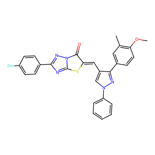 (5Z)-2-(4-fluorophenyl)-5-{[3-(4-methoxy-3-methylphenyl)-1-phenyl-1H-pyrazol-4-yl]methylidene}[1,3]thiazolo[3,2-b][1,2,4]triazol-6(5H)-one structure