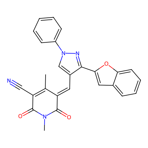 (5E)-5-[[3-(1-benzofuran-2-yl)-1-phenylpyrazol-4-yl]methylidene]-1,4-dimethyl-2,6-dioxopyridine-3-carbonitrile structure