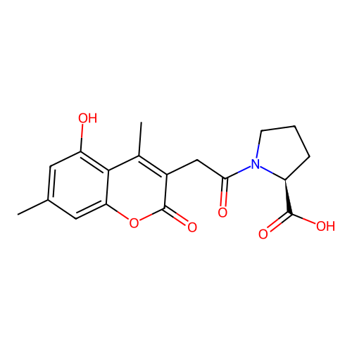 1-[(5-hydroxy-4,7-dimethyl-2-oxo-2H-chromen-3-yl)acetyl]-L-proline structure