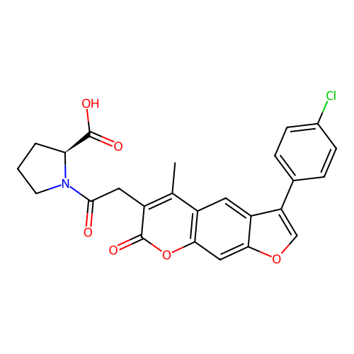 1-{[3-(4-chlorophenyl)-5-methyl-7-oxo-7H-furo[3,2-g]chromen-6-yl]acetyl}-L-proline structure