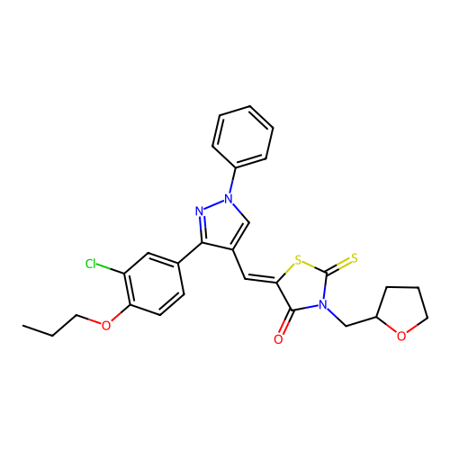 (5Z)-5-{[3-(3-chloro-4-propoxyphenyl)-1-phenyl-1H-pyrazol-4-yl]methylidene}-3-(tetrahydrofuran-2-ylmethyl)-2-thioxo-1,3-thiazolidin-4-one structure